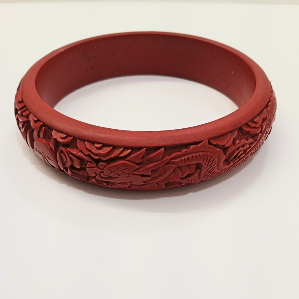 Vintage 1950's Hand Carved Chinese Double Dragon Cinnabar Bangle